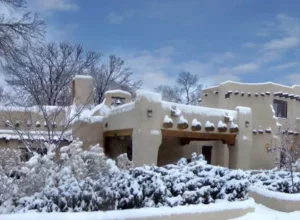 Snow blankets the Neem Karoli Baba Ashram in Taos.